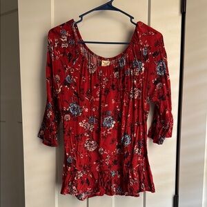Faded Glory Red and Blue 3/4 Sleeve Pleated Blouse